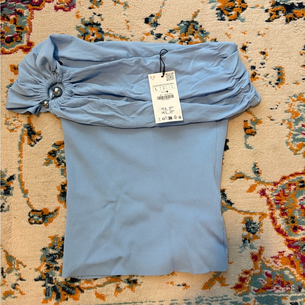 ZARA Light Blue Off-Shoulder Top